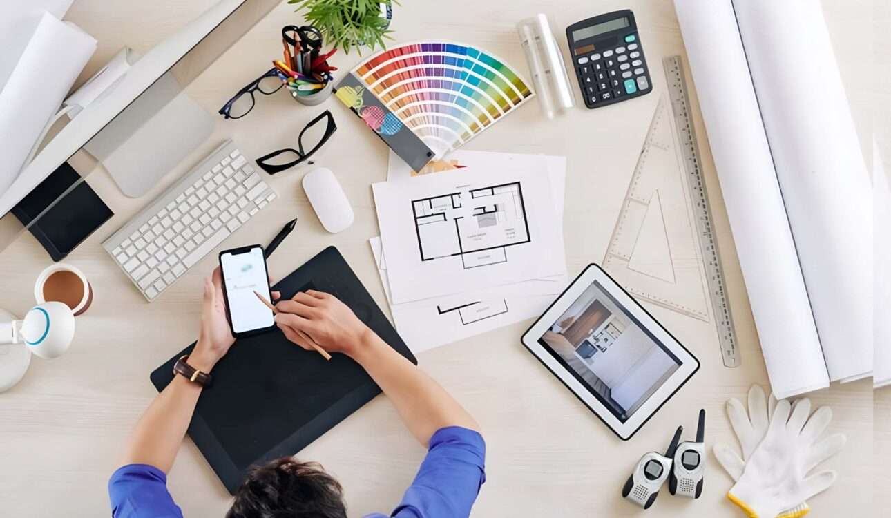 Professional interior designer planning a modern luxury home interior with furniture layouts, lighting design, and space planning solutions.