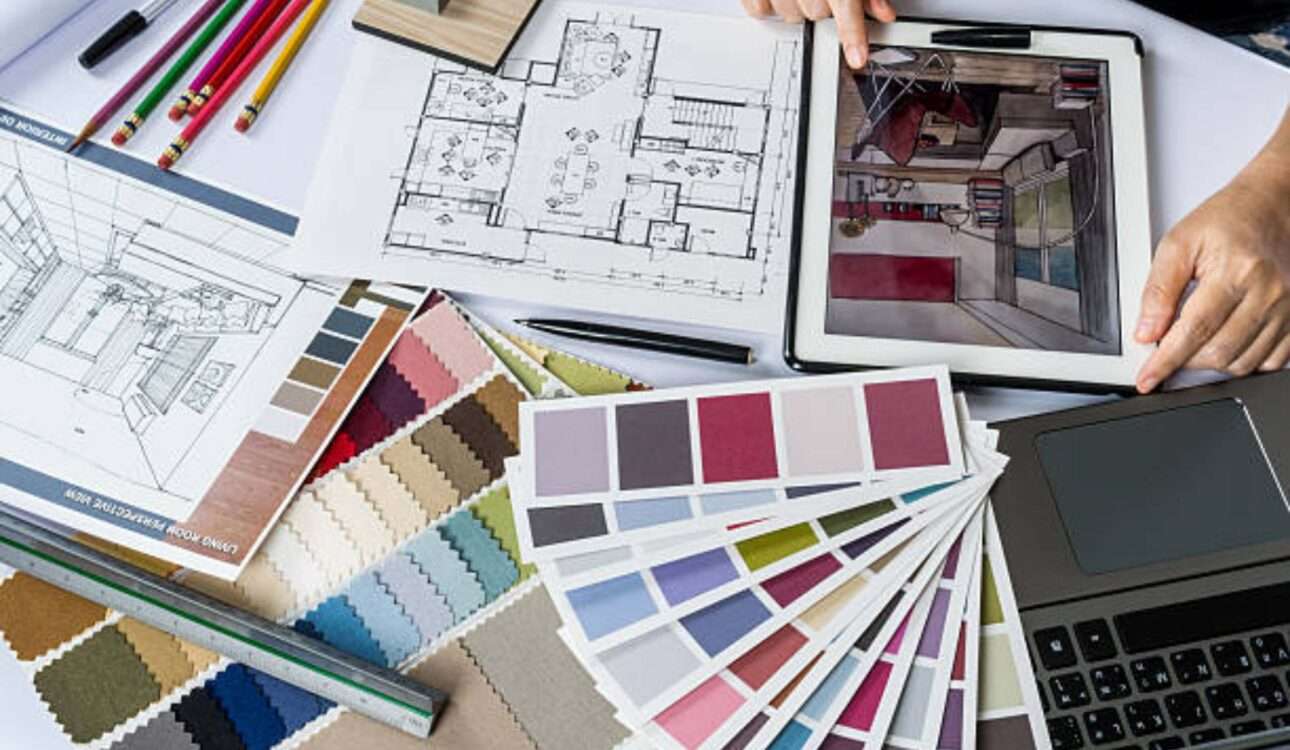 Professional interior designer planning a luxury villa interior with modern furniture, lighting design, space planning, and customized home interiors.