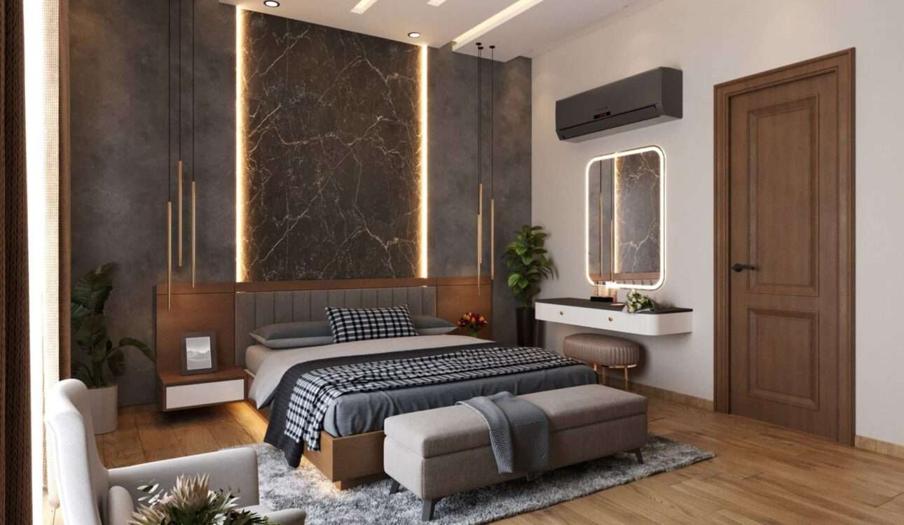 Luxury bedroom interior design in Vizag featuring a modern king-size bed, wooden fluted wall panels, custom wardrobe, ambient LED lighting, false ceiling, and elegant furniture by SpaceHeaven Interior.