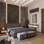Luxury bedroom interior design in Vizag featuring a modern king-size bed, wooden fluted wall panels, custom wardrobe, ambient LED lighting, false ceiling, and elegant furniture by SpaceHeaven Interior.