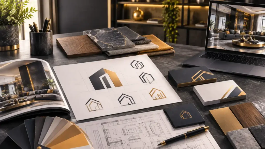 Interior design company logo ideas with modern luxury branding