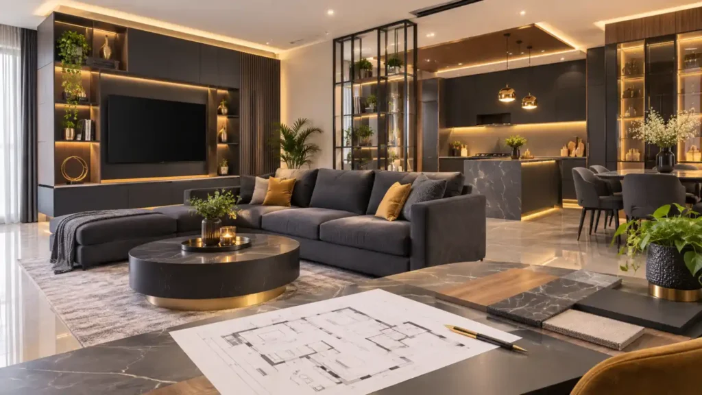 A premium modern home interior representing Interior Company by Square Yards services, including contemporary furniture, modular kitchen elements, wardrobes, lighting and professional interior design planning.