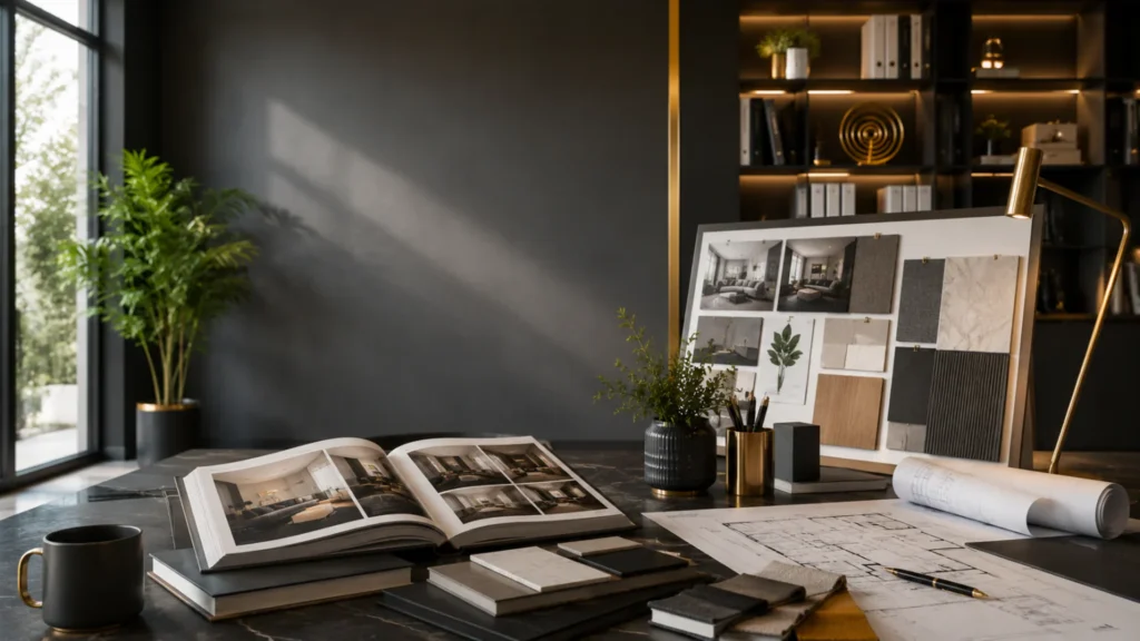 A premium modern interior design workspace showcasing the professionalism, creativity, services, and design expertise represented in an interior design company profile.