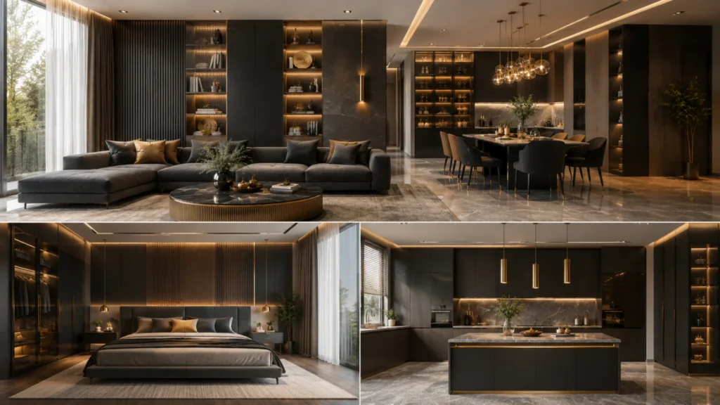 A premium modern interior design workspace showcasing the professionalism, creativity, services, and design expertise represented in an interior design company profile.