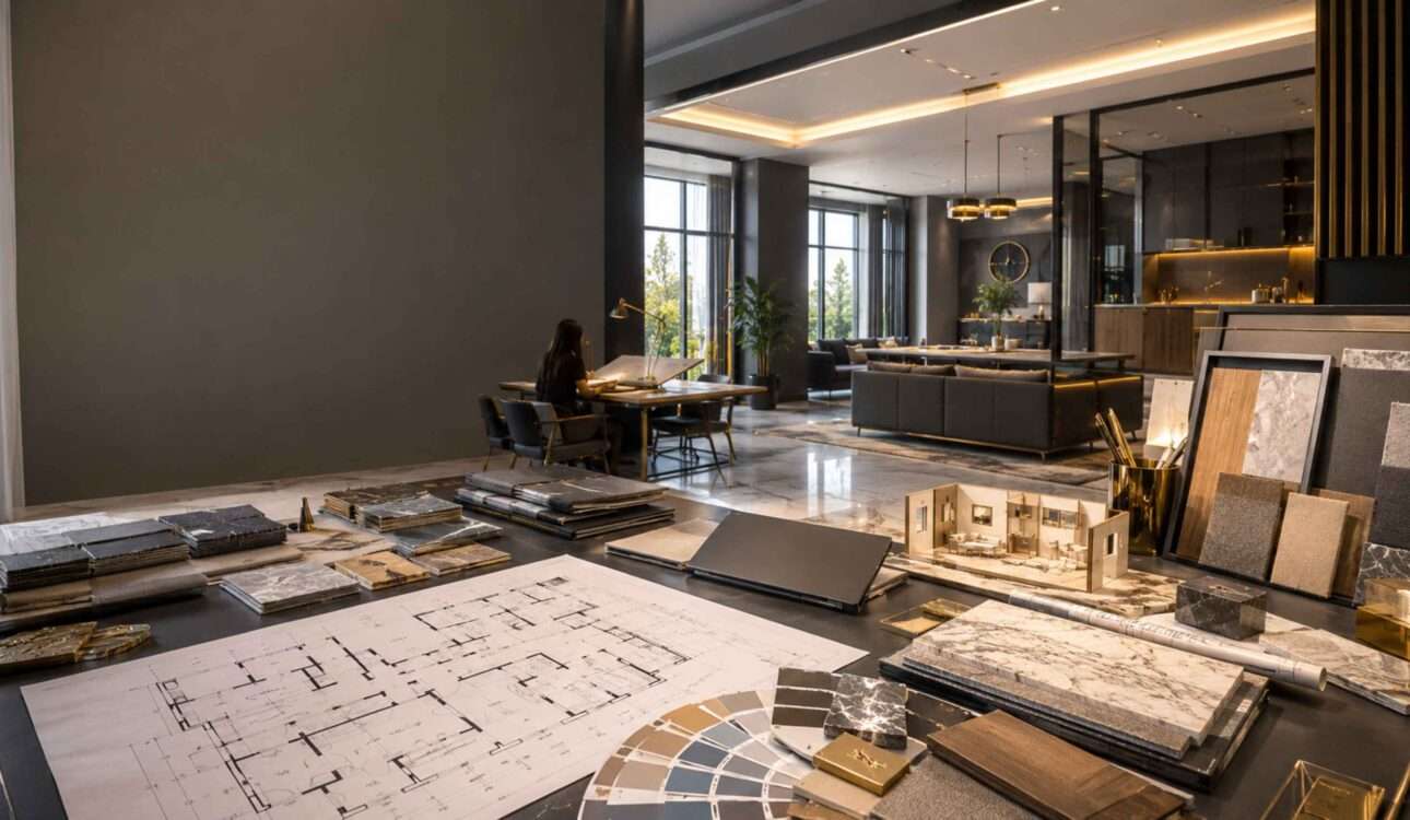 Student learning how to become an interior designer after 12th with interior design drawings and materials