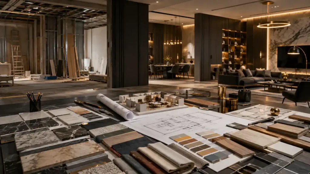 Student learning how to become an interior designer after 12th with interior design drawings and materials