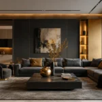 What is contemporary interior design featuring a sophisticated modern living room with clean lines, neutral colors, natural materials, and layered lighting