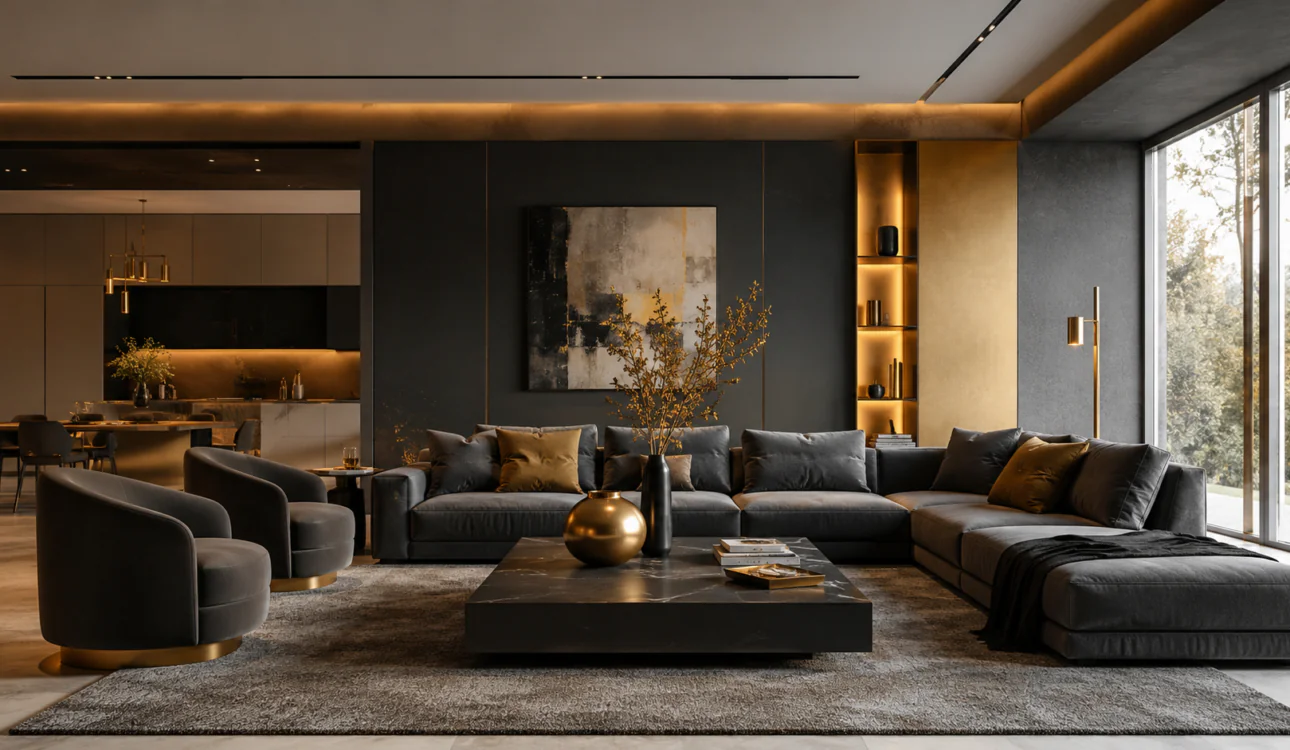 What is contemporary interior design featuring a sophisticated modern living room with clean lines, neutral colors, natural materials, and layered lighting