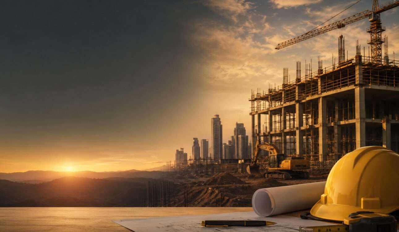 Premium construction site with crane, building framework, blueprints, and safety helmet representing creative construction company name ideas and professional branding.
