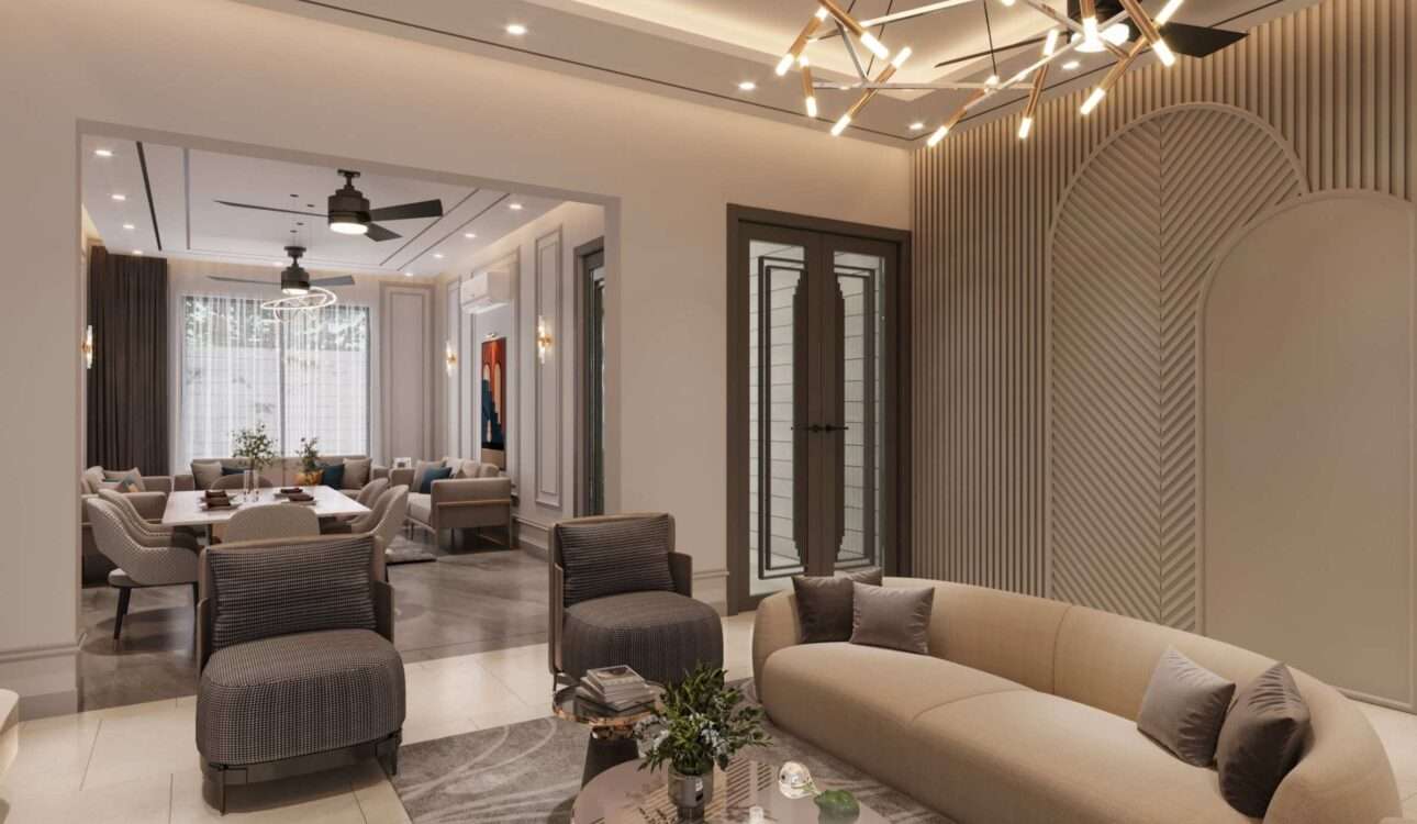 Modern luxury living room designed by one of the top interior design companies in India with elegant furniture, premium lighting, and contemporary décor.