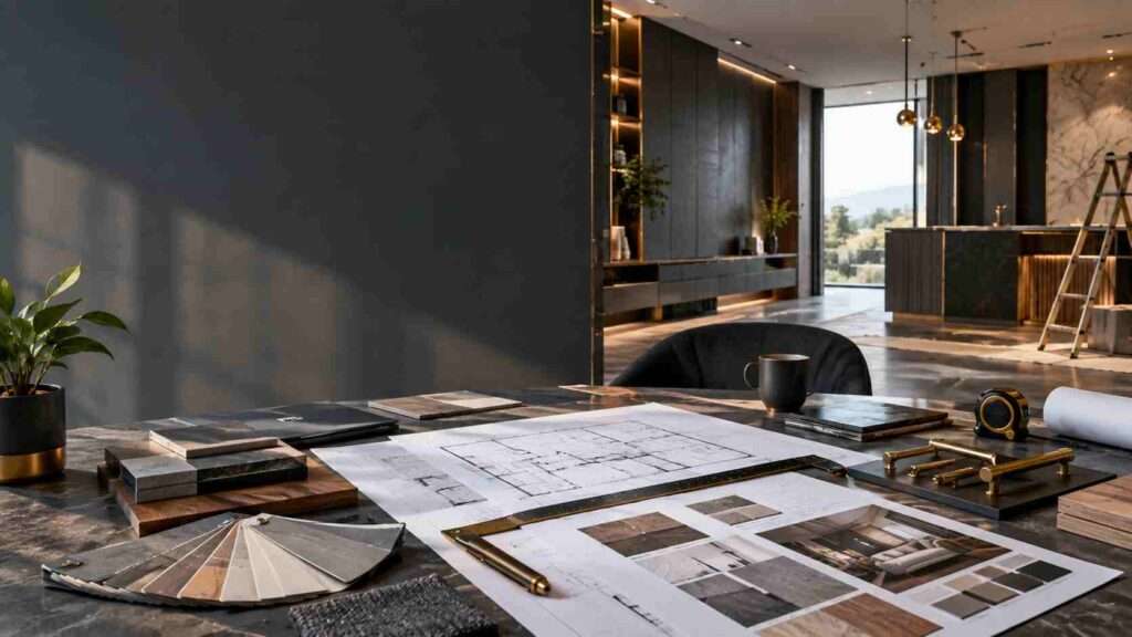 A professional interior designer discussing a residential interior project and budget with a homeowner in a modern design studio, representing interior design fees, project planning, material selection, and home renovation costs.