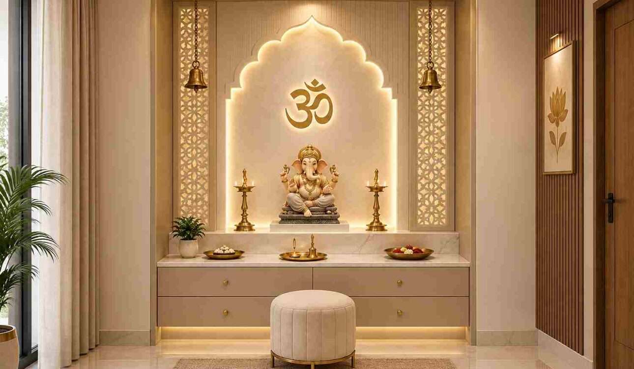 Mandir design for home in Vizag with elegant wooden temple and warm lighting