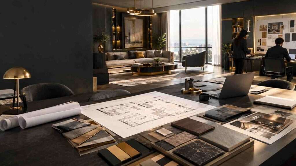 Interior designer planning a modern living room with material samples