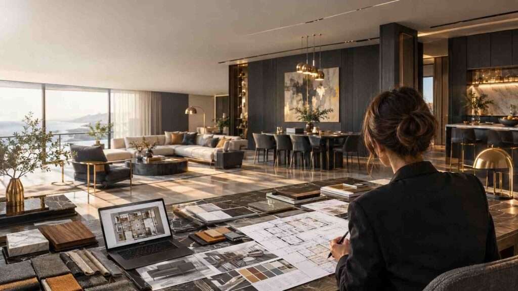 Professional interior designer selecting colours, materials and furniture