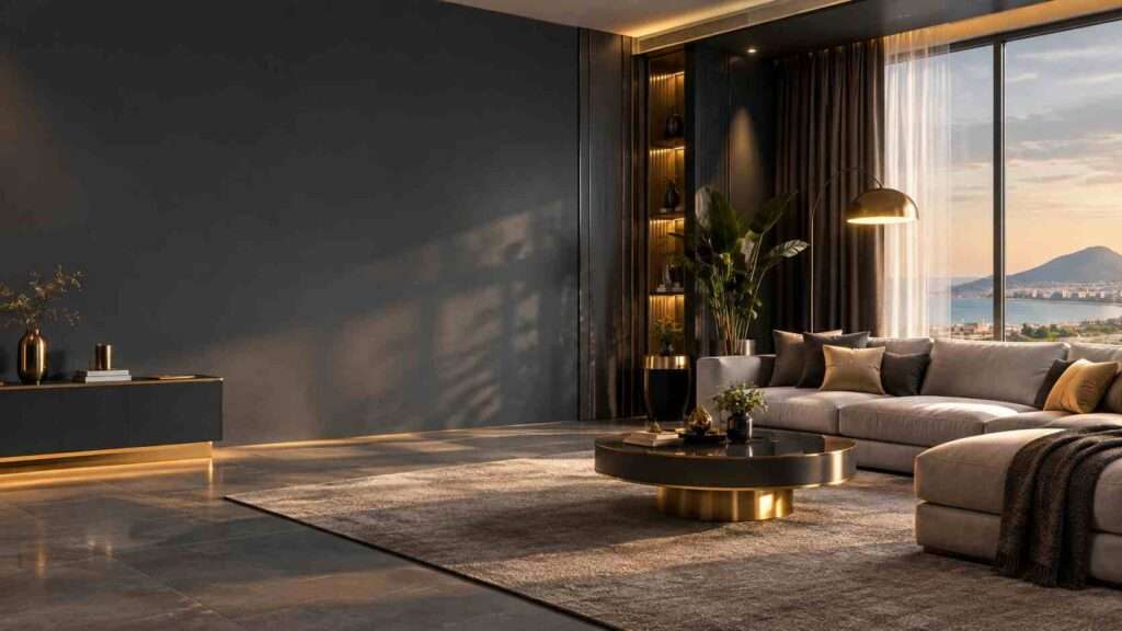 A premium modern residential interior demonstrating the step-by-step process of home interior design, including coordinated furniture, warm lighting, practical storage, balanced colours and elegant décor in a functional living space.