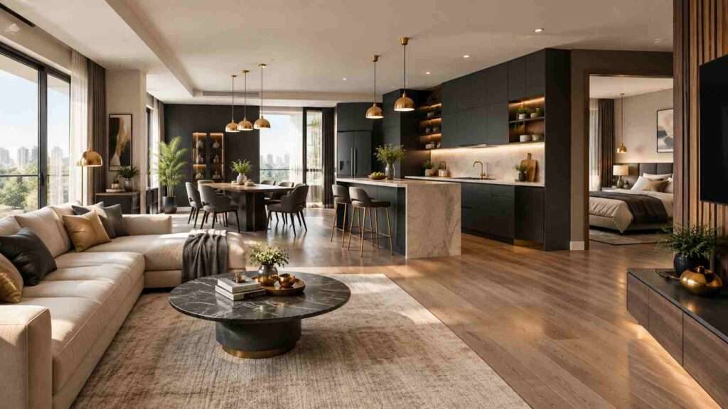 A thoughtfully planned modern home interior combining comfortable furniture, lighting, colours, textures, and functional décor.