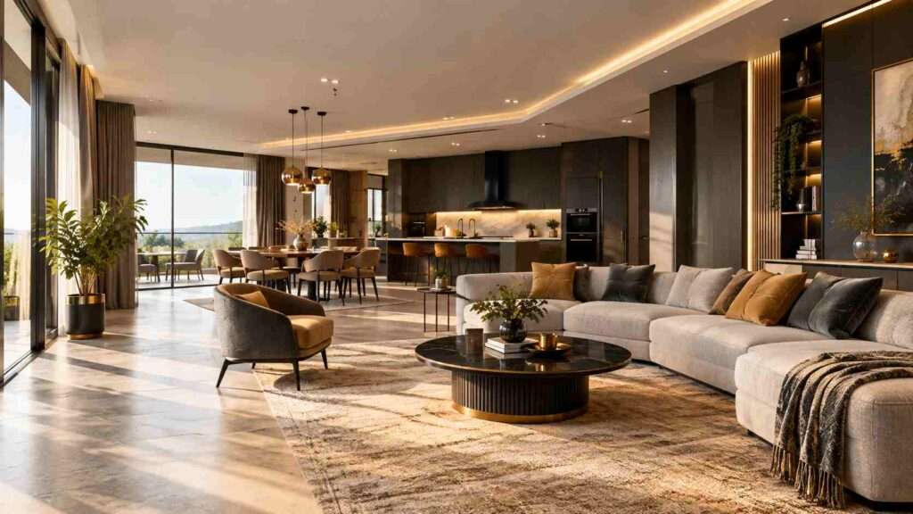 A thoughtfully planned modern home interior combining comfortable furniture, lighting, colours, textures, and functional décor.