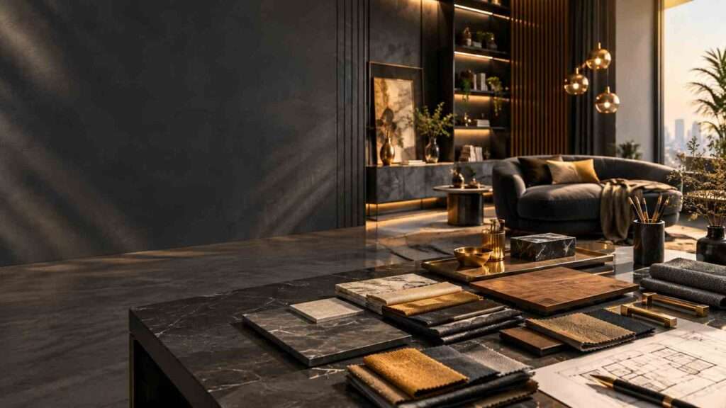 A modern residential interior showing the relationship between professional interior design, space planning, furniture, materials and project budgeting.