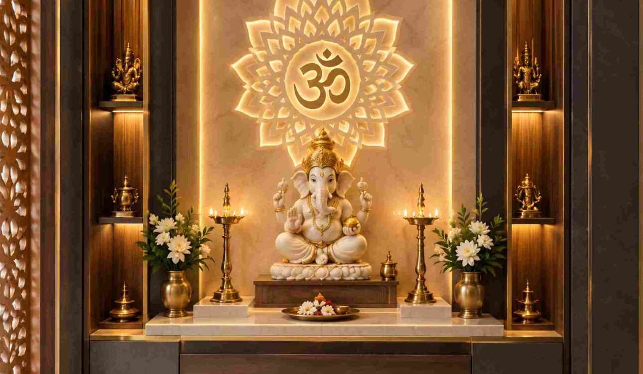 modern wooden mandir design in Vizag for a contemporary home