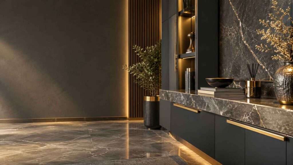 A premium modern home interior illustrating the different factors that influence interior designer charges, including space planning, customized furniture, materials, lighting, storage, and interior execution.