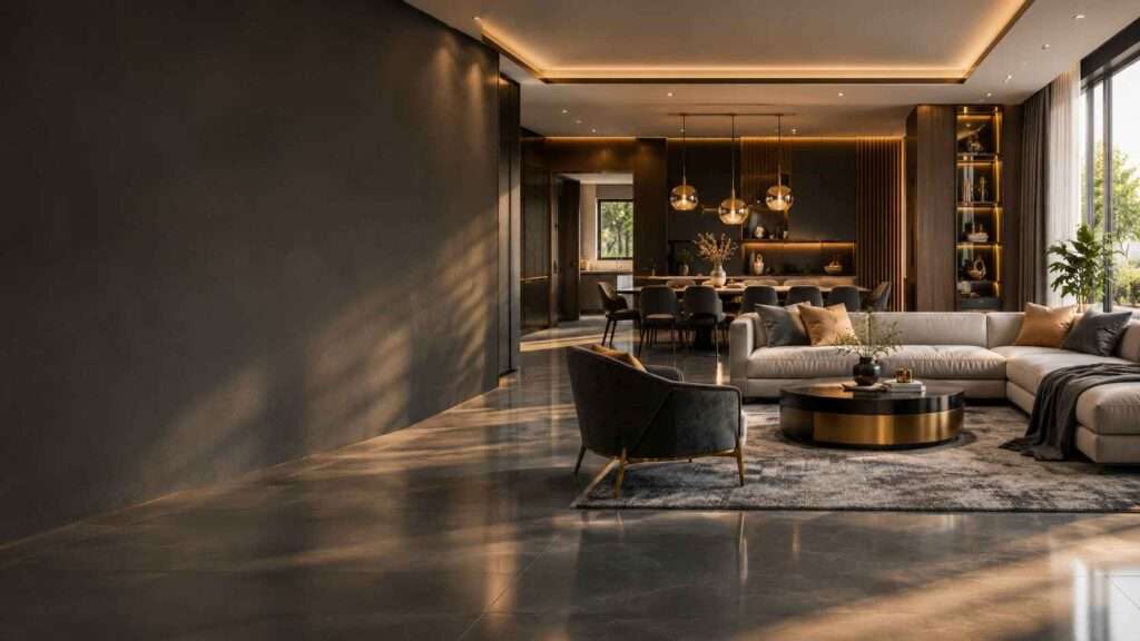 A professional interior design learning scene representing the journey of becoming an interior designer after 12th, including creative planning, space design, drawing, materials, furniture concepts, and digital interior design skills.