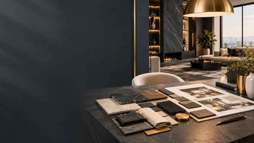 A professional interior design workspace showing a measured room layout, furniture dimensions, scale planning and material calculations, illustrating how practical mathematics is used in interior design.