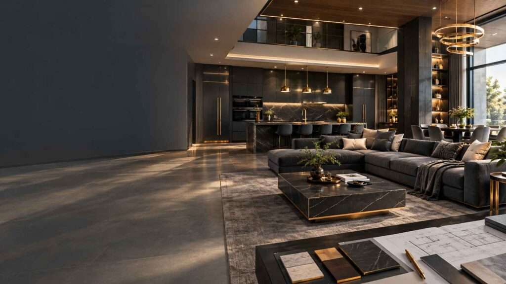 A professional interior design workspace showing a measured room layout, furniture dimensions, scale planning and material calculations, illustrating how practical mathematics is used in interior design.
