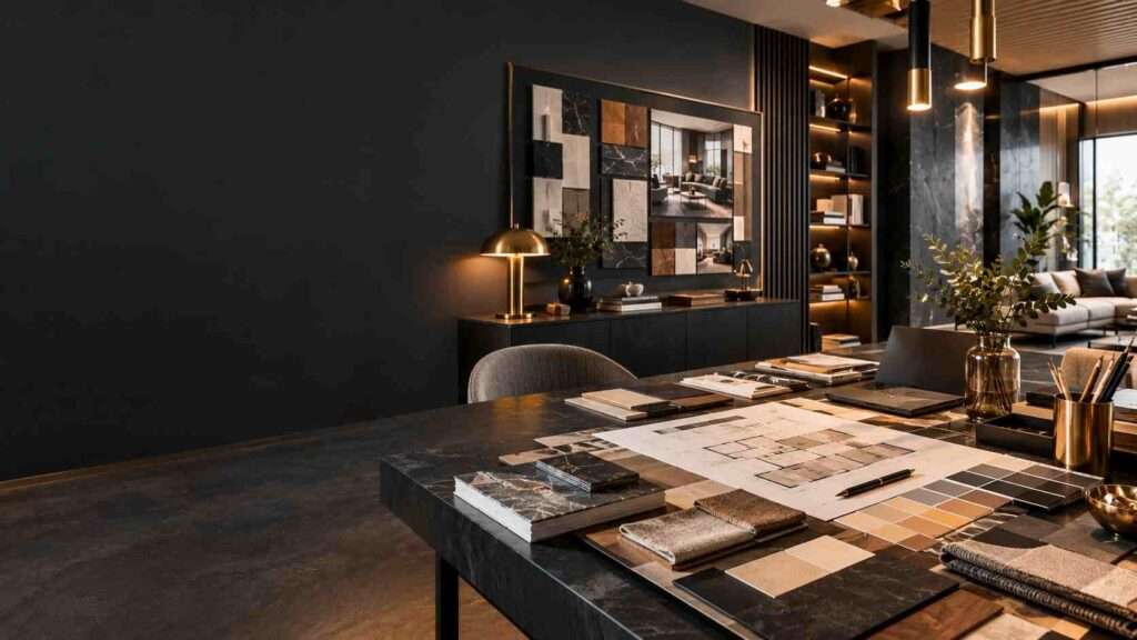 A professional interior designer reviewing a residential interior design concept, combining space planning, furniture, lighting, materials, storage and architectural details to create a functional and visually cohesive home.