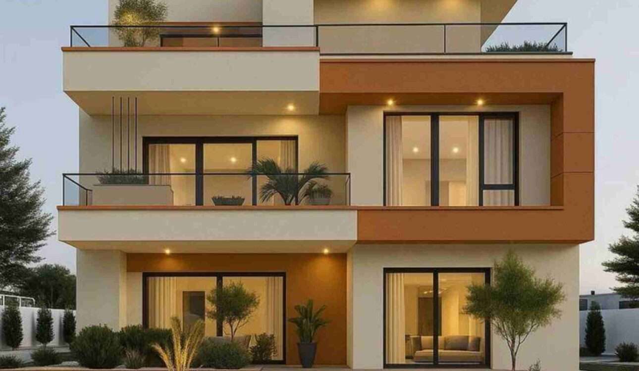 House colour combination in Vizag featuring a modern exterior with neutral and charcoal tones