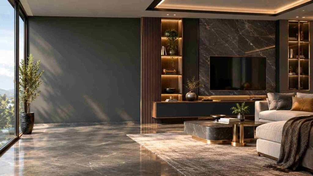 A professional interior designer discussing a residential interior project and budget with a homeowner in a modern design studio, representing interior design fees, project planning, material selection, and home renovation costs.