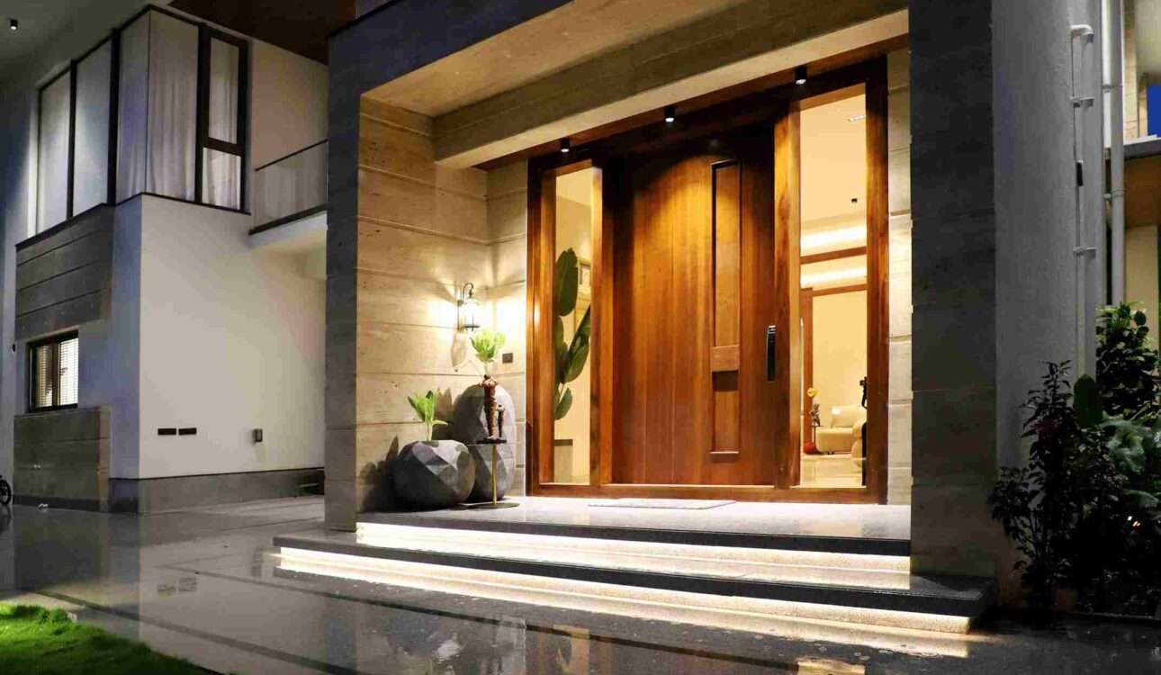 Modern wooden main door design in Vizag for a contemporary home