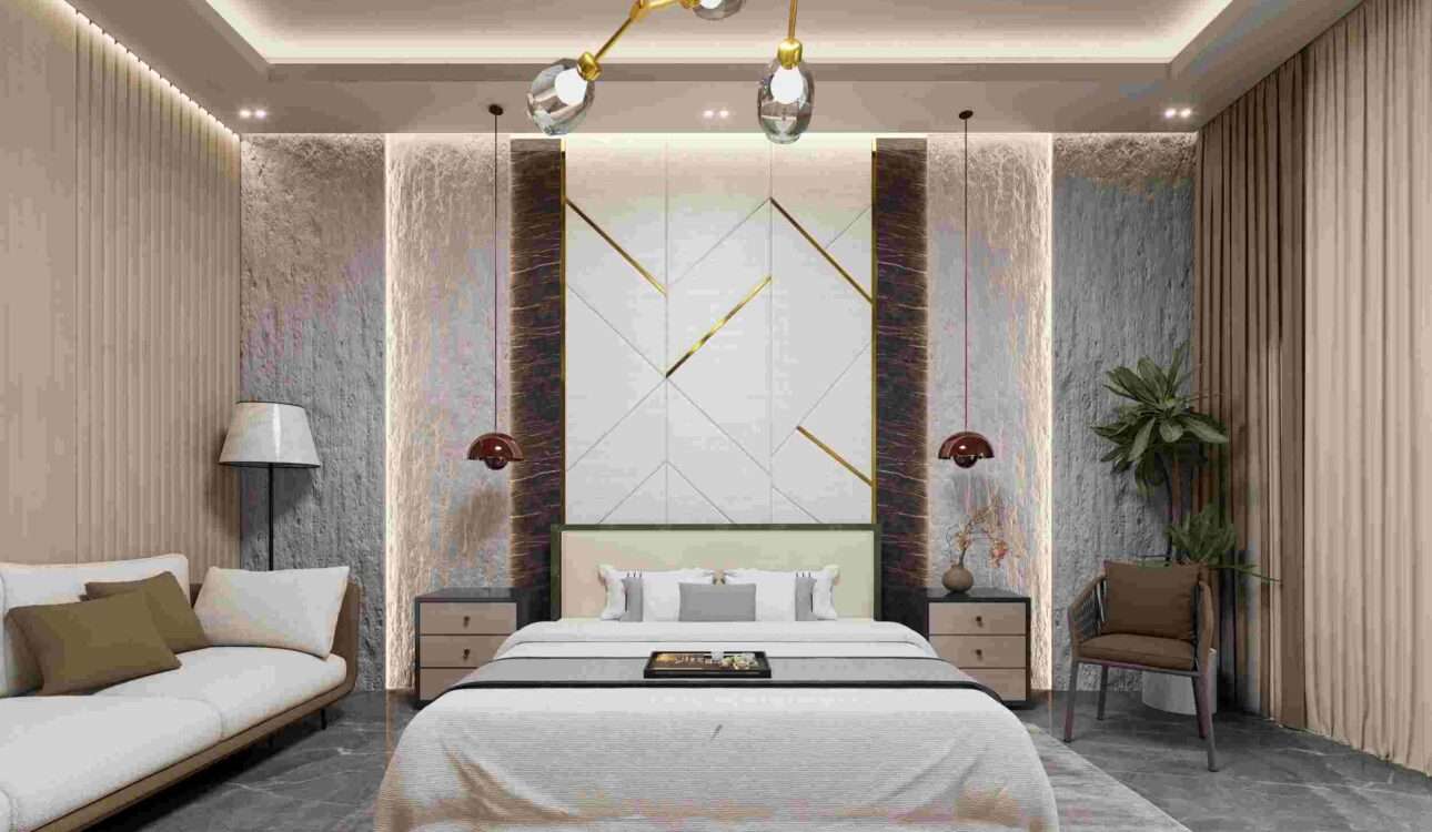 Modern bedroom designs in Vizag with contemporary bed, wardrobe and warm lighting