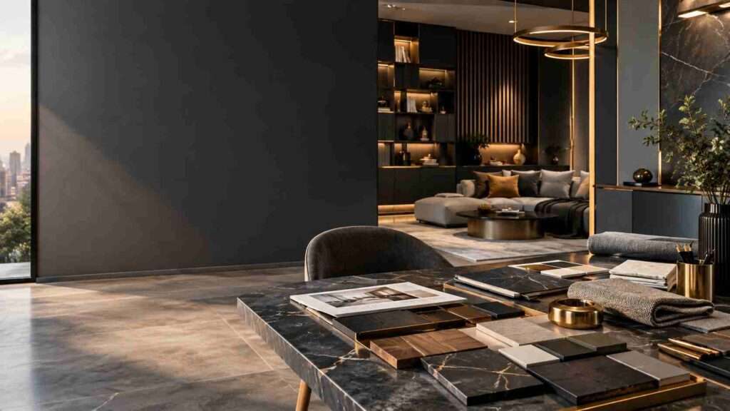A professional interior design learning workspace showing a modern room concept, floor plan, material samples, colour palette, furniture planning, and digital design tools. The image represents the learning journey involved in an interior design course, from basic concepts to practical project development.