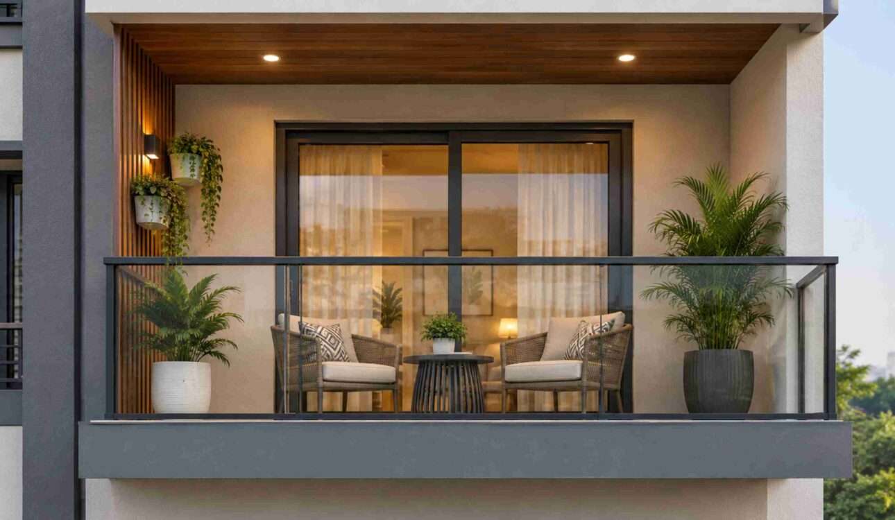 Modern balcony design in Vizag with stylish seating and green plants