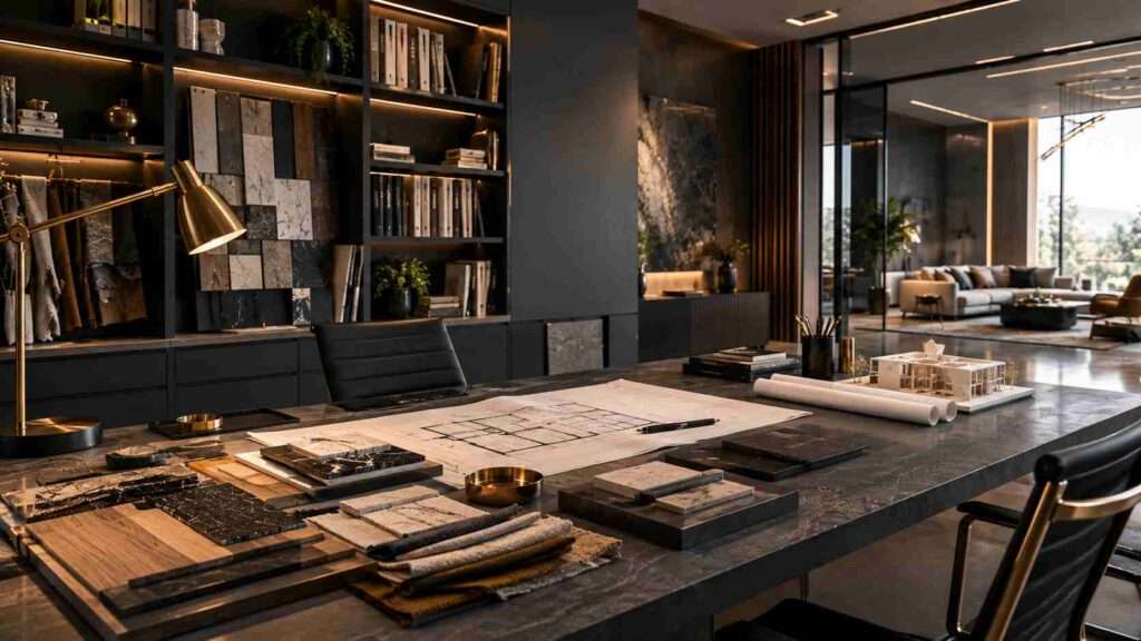 A professional interior design learning workspace showing a modern room concept, floor plan, material samples, colour palette, furniture planning, and digital design tools. The image represents the learning journey involved in an interior design course, from basic concepts to practical project development.